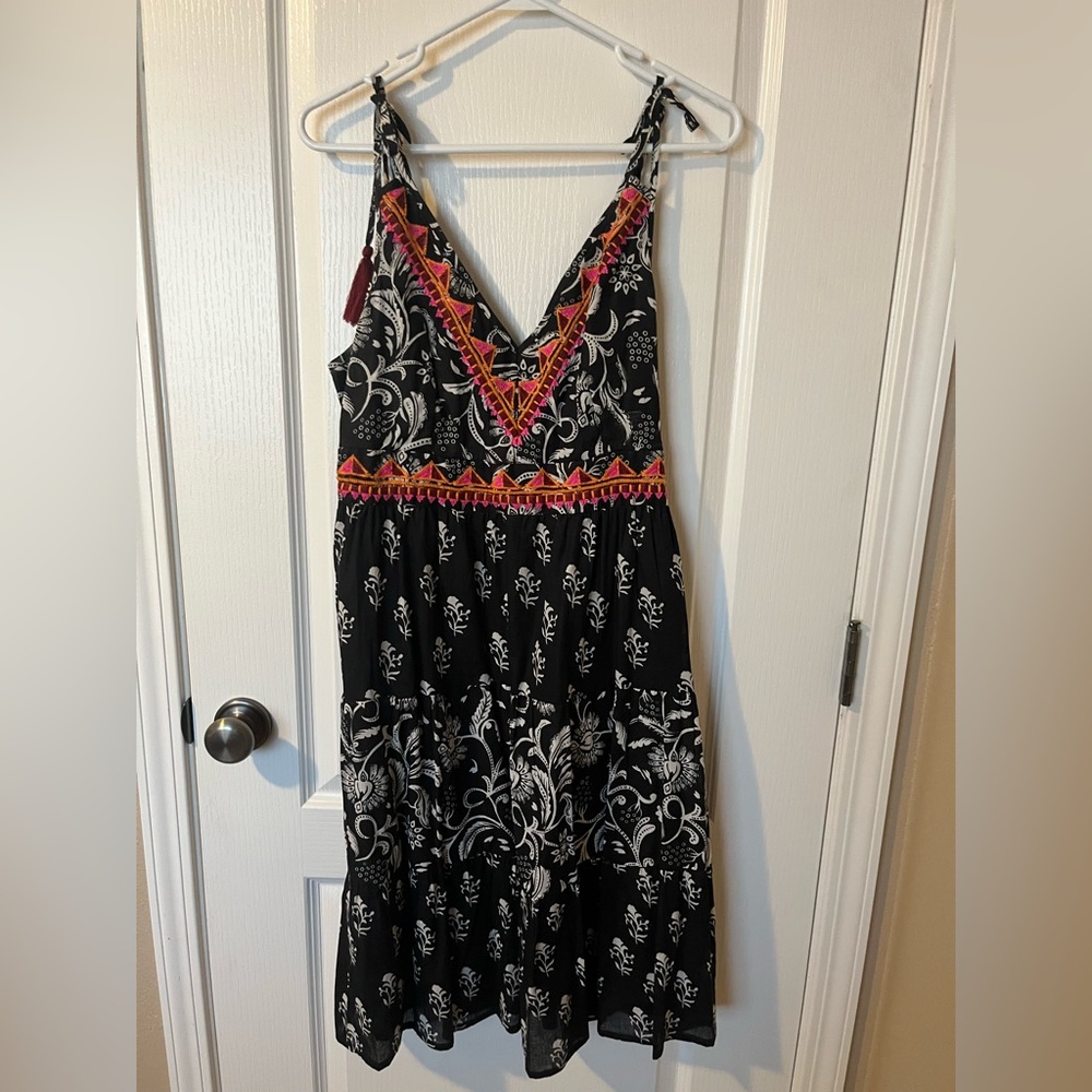 Tribal Black and White Maxi Dress with Pink Embroidery